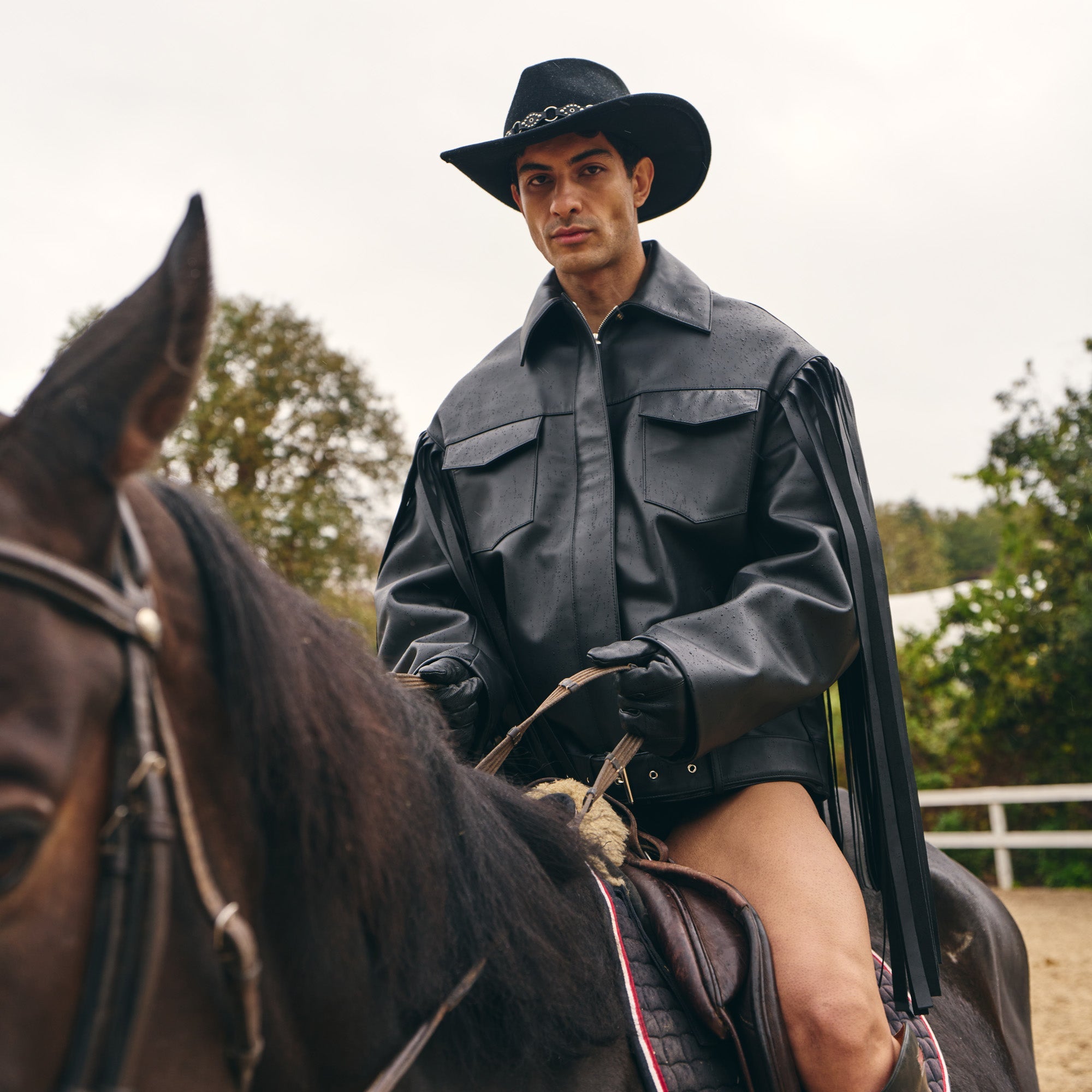 Black Leather Fringed Overshirt