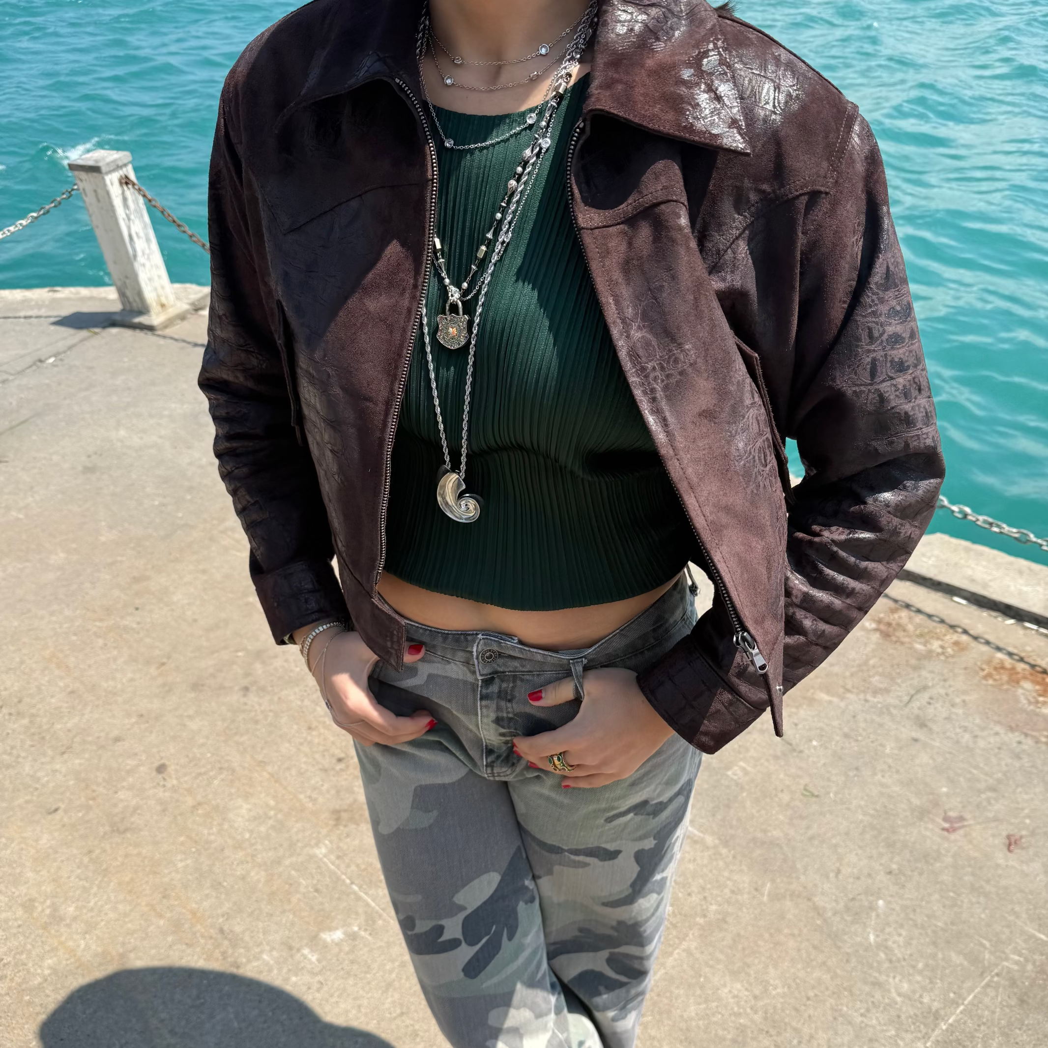 Croc Leather Jacket - Brown